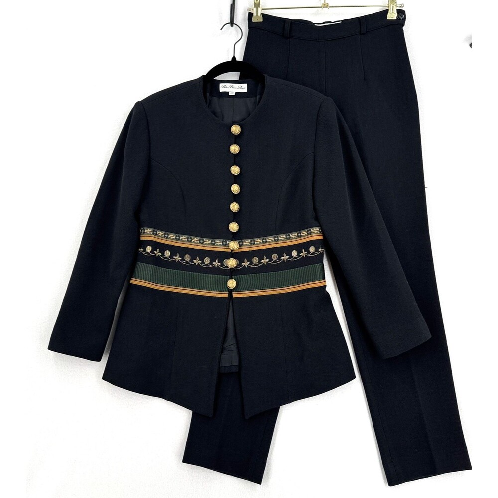 Bleu Blanc Rouge France Vintage 2pc Pantsuit Women 38 Black Wool Gold Buttons